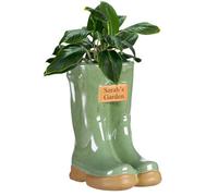 Ceramic Wellington Boot Plant Pot with Personalised Engraved Plaque (Green) | Drainage Hole, Removable Stopper, Wellington Boot, Welly Boot, Planter, Flower Pot, Gardening Gift