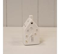 Ceramic White House LED Light Up Ornament Glazed Textured Heart Cutout Flower Festive Night Light Christmis Decoration (Small House)