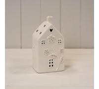 Ceramic White House LED Light Up Ornament Glazed Textured Heart Cutout Flower Festive Night Light Christmis Decoration (Large House)
