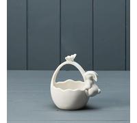 Ceramic White Posey Basket Rabbit Statue 12cm Pot Glossy with Handle Fruit Bowl Shelf Sitter Tabletop Home Decorative Gift