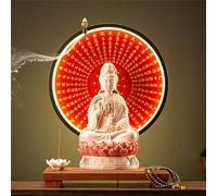 Ceramics Buddhist Statue with Incense Burner And LED Circle Lamp, Buddha Figure Lamp Wall Light 3D Mural Sconce Lamp Zen Light Wall Decor Ornament Artwork Wall Art for Living Room Incense Porch,03