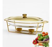 Ceramics Chafing Dish Buffet Set, Chafing Dish Stainless Steel Buffet Warmer Set with Tray,Full Size Pan Chafer, Fuel Holders, for Buffet, Wedding, Parties, Banquet, Catering Events(Gold)