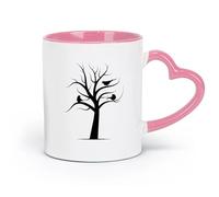 Ceramics Coffee Cups with Handle Dead Tree with Birds Natural Drought （11oz/320ml） for Coffee, Soup, Tea, Milk, Latte, hot Cocoa, Ladies, Men Pink