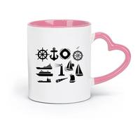 Ceramics Coffee Mug Marine Attributes Sea Elements Icons Navigation （11oz/320ml） for Coffee, Soup, Tea, Milk, Latte, hot Cocoa, Ladies, Men Pink