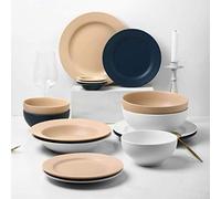 Ceramics Dinner Sets, 34 Pieces Nordic Style Threaded Edge Dinnerware Combination Set | Porcelain Plates and Cereals Bowls Sets for Wedding Gifts,A,