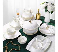 Ceramics Dinnerware Set,Bowl/Dish/Soup Pot/SpoonBone China Dinner Sets,White Embossed Gold Rim Pattern Porcelain Combination Set,38Pieces