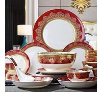 Ceramics Dinnerware Set with 38-Piece,Bowl/Dish/Spoon|Bone China Dinner Sets,Red Gold Matching Pattern Porcelain Combination Set