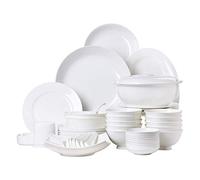 Ceramics Dinnerware Set with 48-Piece,Bowl/Stockpot/Dish/Spoon|Bone China Dinner Sets,Porcelain Combination Set Pure White