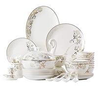 Ceramics Dinnerware Set with 52-Piece, Bowl/Dish/Soup Pot/Spoon|Bone China Dinner Sets, Golden Pattern Porcelain Combination Set