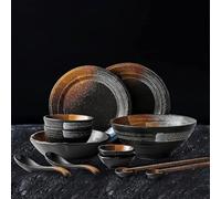 Ceramics Dinnerware Sets, Dinner Plates and Bowls Sets 38 PCS Vintage Frosted Dishes Set-Japanese Retro Steak Plates for Family Party,Black
