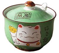 Ceramics Japanese Maneki Neko Lucky Cat Sugar Salt Pepper Storage Jar with Lid And Spoon