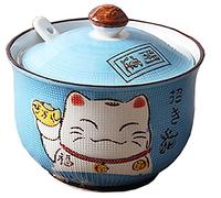 Ceramics Japanese Maneki Neko Lucky Cat Sugar Salt Pepper Storage Jar with Lid And Spoon