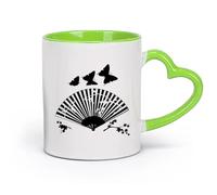 Ceramics Novelty Gift Mug Asian Japanese Fan Sakura Branch Butterfly （11oz/320ml） Perfect for Kitchens, Restaurants & Cafes, Great Gift Idea Green