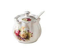 Ceramics Vintage Red Floral Sugar Bowl Spice Jar Seasoning Box with Lid and Spoon 8oz