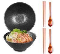 Ceraozmus 2 x 40 OZ Ceramic Ramen Bowls, 8 in Large Japanese Noodle Soup Bowl, Match Chopsticks and Spoons, Suitable for Pho, Udon Asian Noodles (Black Color 2 Set)