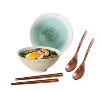 Ceraozmus 2X Ramen Bowl Ceramic - 1200ml - 20 cm - with Spoon and Chopsticks for Ramen Soup Pho Udon Asian Noodles, Large Noodle Bowls (White Glaze 2 Set)