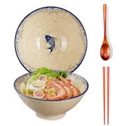 Ceraozmus 40 OZ Ceramic Ramen Bowls, 8 in Large Japanese Noodle Soup Bowl, Match Chopsticks and Spoons, Suitable for Pho, Udon Asian Noodles (Japanese Fish)