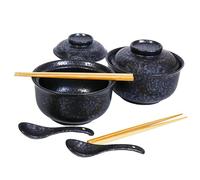 Ceraozmus Ceramic Ramen Bowl Set, 800ml with Lid, Spoon and Chopsticks, Japanese Vintage Large Soup Bowls Instant Noodle Bowl Asian Tableware (Schwarz*2)