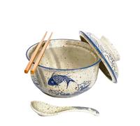 Ceraozmus Ceramic Ramen Bowl Set, 800ml with Lid, Spoon and Chopsticks, Japanese Vintage Large Soup Bowls Instant Noodle Bowl Asian Tableware (Fisch*1)
