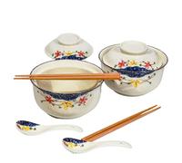 Ceraozmus Ceramic Ramen Bowl Set, 800ml with Lid, Spoon and Chopsticks, Japanese Vintage Large Soup Bowls Instant Noodle Bowl Asian Tableware (Farbe*2)