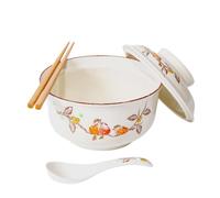 Ceraozmus Ceramic Ramen Bowl Set, 800ml with Lid, Spoon and Chopsticks, Japanese Vintage Large Soup Bowls Instant Noodle Bowl Asian Tableware (Vogel*1)