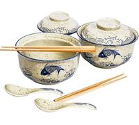 Ceraozmus Ceramic Ramen Bowl Set, 800ml with Lid, Spoon and Chopsticks, Japanese Vintage Large Soup Bowls Instant Noodle Bowl Asian Tableware (Fisch*2)