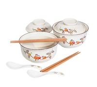 Ceraozmus Ceramic Ramen Bowl Set, 800ml with Lid, Spoon and Chopsticks, Japanese Vintage Large Soup Bowls Instant Noodle Bowl Asian Tableware (Vogel*2)