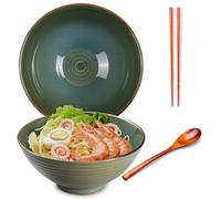 Ceraozmus Ramen Bowl Ceramic - 1200ml - 20 cm - with Spoon and Chopsticks for Ramen Soup Pho Udon Asian Noodles, Large Noodle Bowls (Green Glaze)