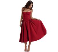 CERAVI Sleeveless Corset Fit Midi Dress Spaghetti Strap Sundress Solid Color Print Bustier High Waist A Line Dress with Pockets (Red,M)