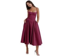 CERAVI Sleeveless Corset Fit Midi Dress Spaghetti Strap Sundress Solid Color Print Bustier High Waist A Line Dress with Pockets (Rose red,M)