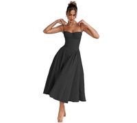 CERAVI Sleeveless Corset Fit Midi Dress Spaghetti Strap Sundress Solid Color Print Bustier High Waist A Line Dress with Pockets (Black,L)