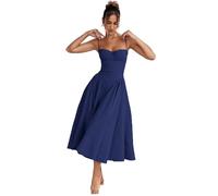 CERAVI Sleeveless Corset Fit Midi Dress Spaghetti Strap Sundress Solid Color Print Bustier High Waist A Line Dress with Pockets (Blue,L)