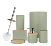 CERBIOR Bathroom Accessories Set 6 Piece Bamboo Bath Ensemble Includes Soap Dispenser, Toothbrush Holder, Toothbrush Cup, Soap Dish for Decorative Countertop and Housewarming Gift, Sriral Green