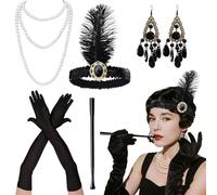 CERCTLA 1920s Accessories for Women, 5 Pcs 1920s Flapper Great Gatsby Accessories Set, Retro Carnival Festival Halloween Christmas with Headband Long Gloves Pearl Necklace Earrings Handheld Holder