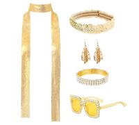 CERCTLA 6 Pcs 70s Disco Accessories Set, 80s Disco Golden Accessories Women, Sequins Scarf, Sunglasses,Headband, Bracelet, Earrings, Abba Accessory for Birthday Retro Discos Hippie Theme Party