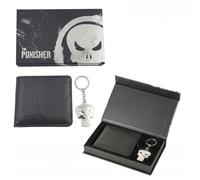 The Punisher Unisex Gift Set - Black PU Wallet with Skull Engraving and Metal Keyring, Official Marvel License, One Size, Daily Use