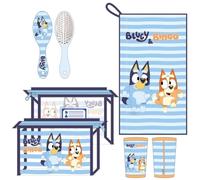 Cerda Bluey & Bingo Travel Toiletry Bag includes a Hairbrush, Microfiber Towel and Multi-Purpose Beaker for Kids