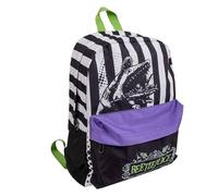 CERDÁ LIFE'S LITTLE MOMENTS Beetlejuice Black and White Striped Backpack - Character Print Daypack with Purple Front Zip Pocket, Green Adjustable Shoulder Straps, and Spacious Main Compartment