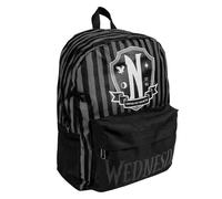 CERDÁ LIFE'S LITTLE MOMENTS Wednesday Addams Nevermore Academy Striped Backpack - Black and Grey Gothic Daypack with Embroidered Crest, Front Zip Pocket and Adjustable Padded Shoulder Straps