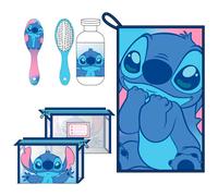 Stitch Unisex Travel Set with Clear Zipper Cosmetic Bag, Hairbrush, Reusable Bottle and Towel, Bath Accessories, Officially Licensed Disney Pink