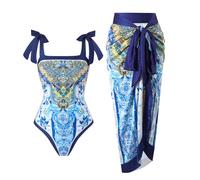 Cerdexon One Piece Bathing Suit for Women with Beach Cover up Wrap Skirt Swimsuit Sarong Retro Floral Print Bikini Set, White, S