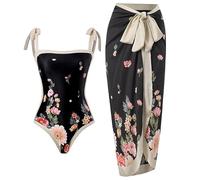Cerdexon One Piece Bathing Suit for Women with Beach Cover up Wrap Skirt Swimsuit Sarong Retro Floral Print Bikini Set, 2308 Balck, S