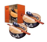Cereal Bowls Japanese cuisine bowl with lid vintage ramen bowl with lid black ceramic instant noodle bowl black salad bowl soup bowl with wooden lid (2pcs, 16168cm) BLACK 2PCS 16cm6.3 h