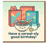 Cereal Pun Birthday Card - Cute Kawaii Breakfast Bowl with Colourful Loops and Milk - 'Have a cereal-sly good birthday!' Fun Food Joke for Friends, Family, Kids & Teens