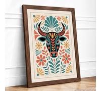Ceremonial Bull Boho Framed Wall Art Print A4 (29.7×21cm) Walnut, Wall Decor for Living Room, Bedroom, Office & Home, Ready to Hang, Art Gift