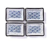 Cerficer Japanese Soy Dish Set of 4 Ceramic Dipping Cups Rectangular Sushi Dishes Blue Waves