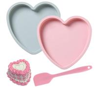 CERICAI 2 Pack 8-Inch Cake Fruit Heart-Shaped Molds, Non-Stick Silicone Baking Pans, Reusable Fixed-Base Cake Mold with Scraper, BPA Free Heart Baking Tray for Cakes, Pudding, Cheesecake, Pink, Blue