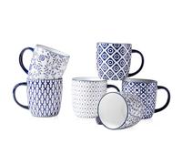 Cerkik Ceramic Coffee Mugs Set - 350 ml Large Porcelain Tea Cups with Handle for Cappuccino Latte Cocoa Milk Tea - Christmas Housewarming Gift - Microwave Dishwasher Safe - Set of 6 - Vintage Blue