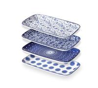 Cerkik Ceramic Rectangular Serving Platters - 12 Inch Large Rectangle Serving Trays Dinner Plates for Charcuterie, Dessert, Fruit Appetizer for Party Entertaining - Set of 4 - Vintage Blue