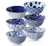 Cerkik Ceramic Soup Bowls Set - 709 ml Deep Cereal Bowl Porcelain - 24 oz Large Kitchen Dinner Bowl Eating Salad Pasta Dessert Noodle Rice Oatmeal - Microwave Dishwasher Safe - Set of 6 - Vintage Blue